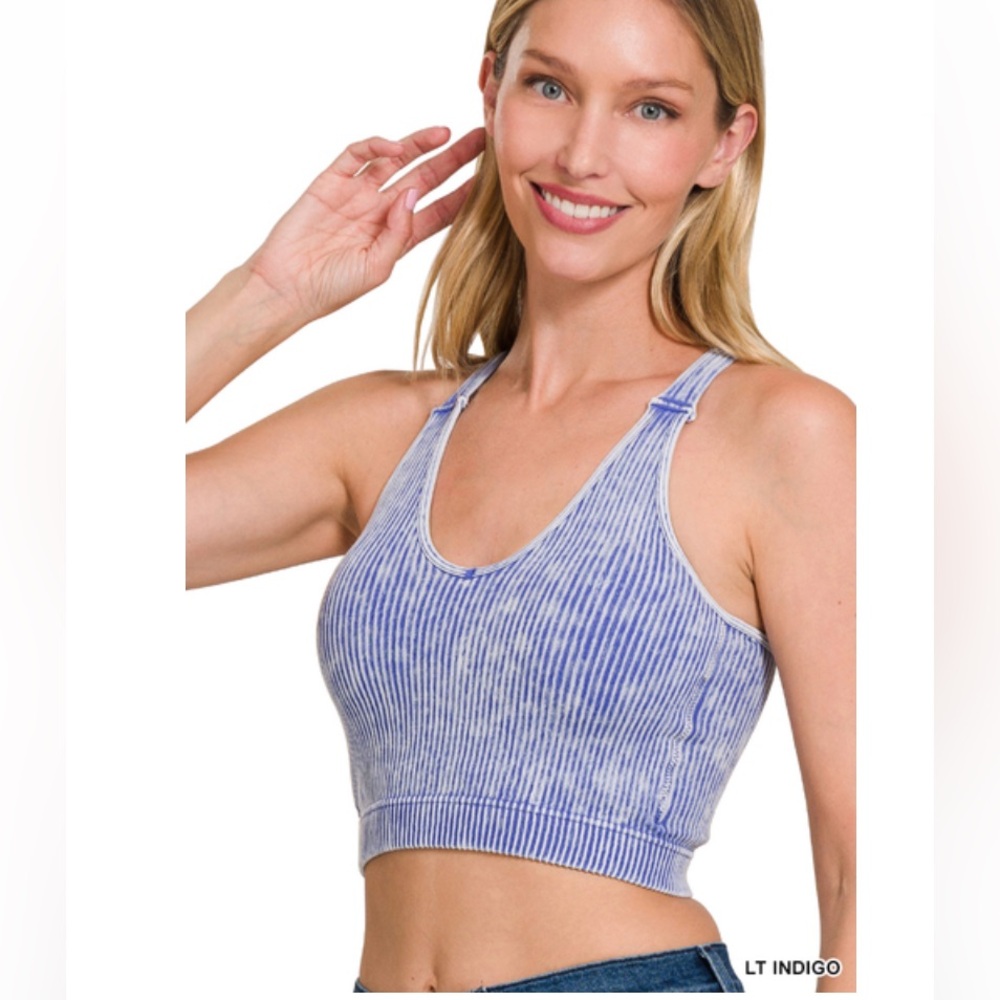 Zenana Outfitters Light Indigo Ribbed Tank Crop Top
